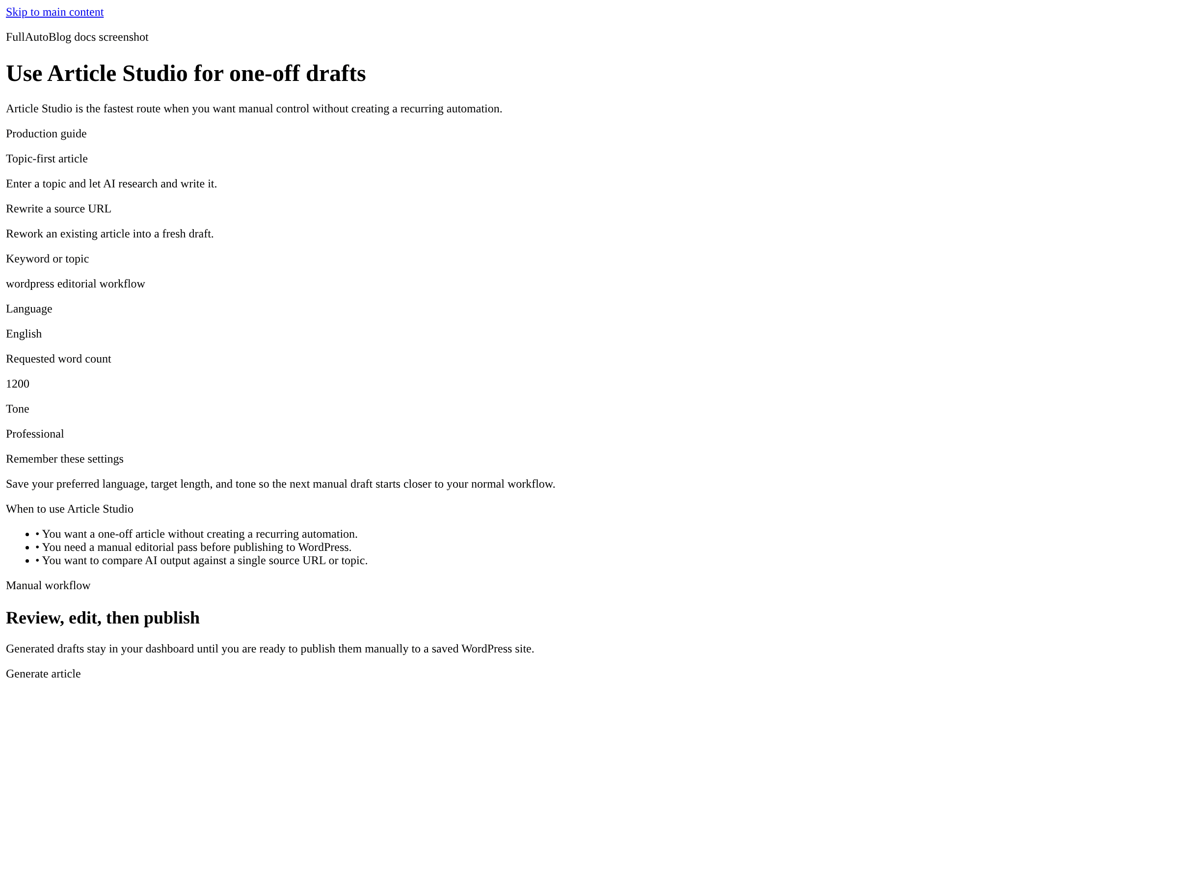Article Studio screenshot showing topic-first mode, language, requested word count, and tone settings.