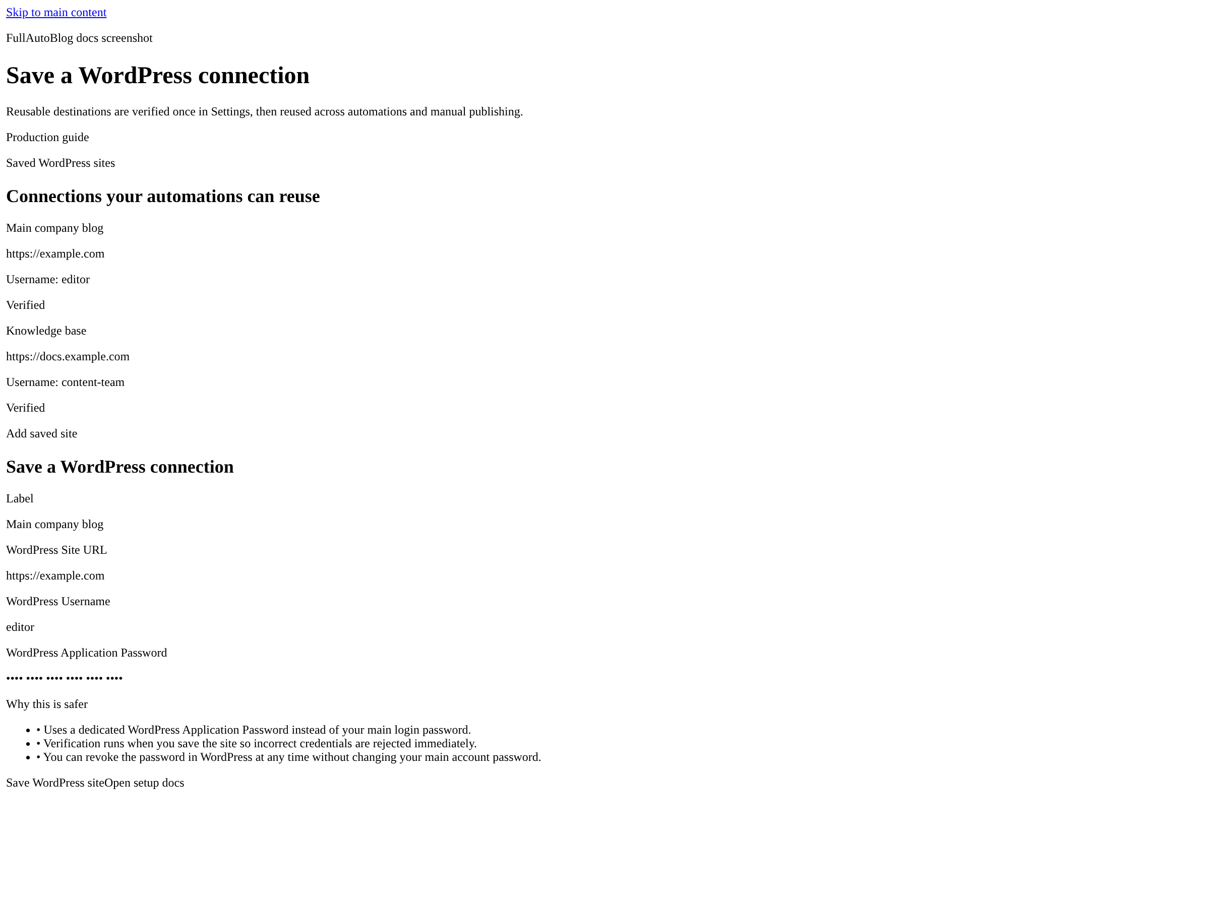FullAutoBlog WordPress settings screenshot showing the label, site URL, username, and application password fields.